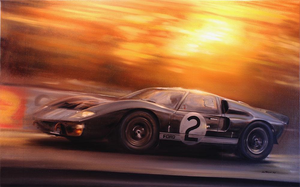 <p>Bruce McLaren / Chris Amon No. 2 Ford GT40 Mk.ll "Going For Gold", Winners of Le Mans 1966 Oil on canvas 76 x 122 </p>
<p>Available through the International Art Centre, <a href="mailto:info@internationalartcentre.co.nz">info@internationalartcentre.co.nz</a></p>
